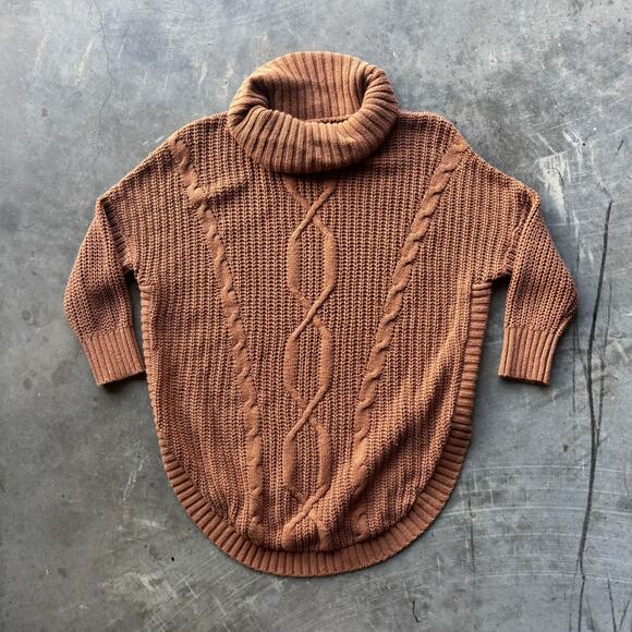 Express Sweater Women's M Brown Turtleneck Fisherman Chunky 3/4 Sleeve Pullover - Picture 1 of 12